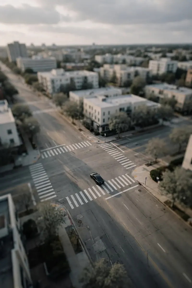 Aerial view of an intersection with a tracked vehicle highlighted by the model