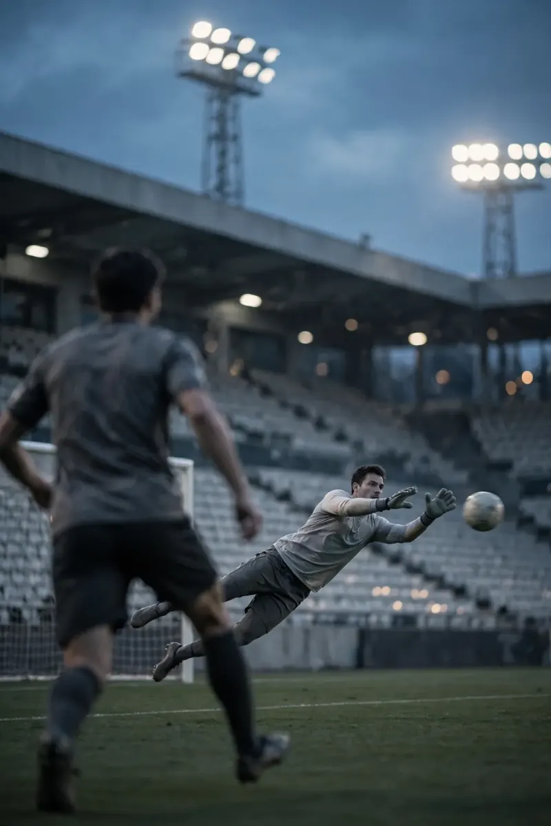 Footballer facing a goalkeeper at dusk, framed by model detection brackets